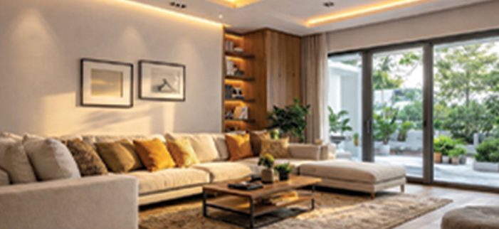 L-shaped cream sofa with mustard cushions in a lounge opening onto a terrace