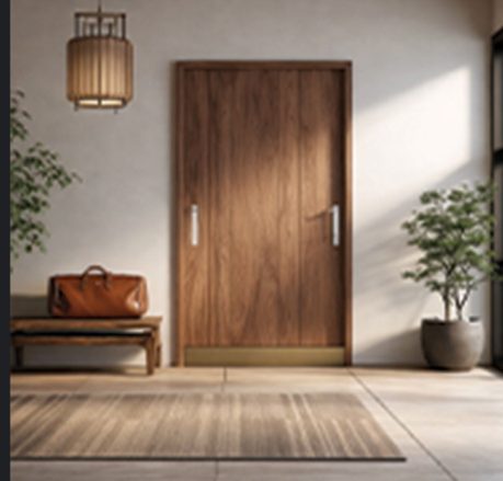 Walnut entrance door with a bench, leather bag and potted tree