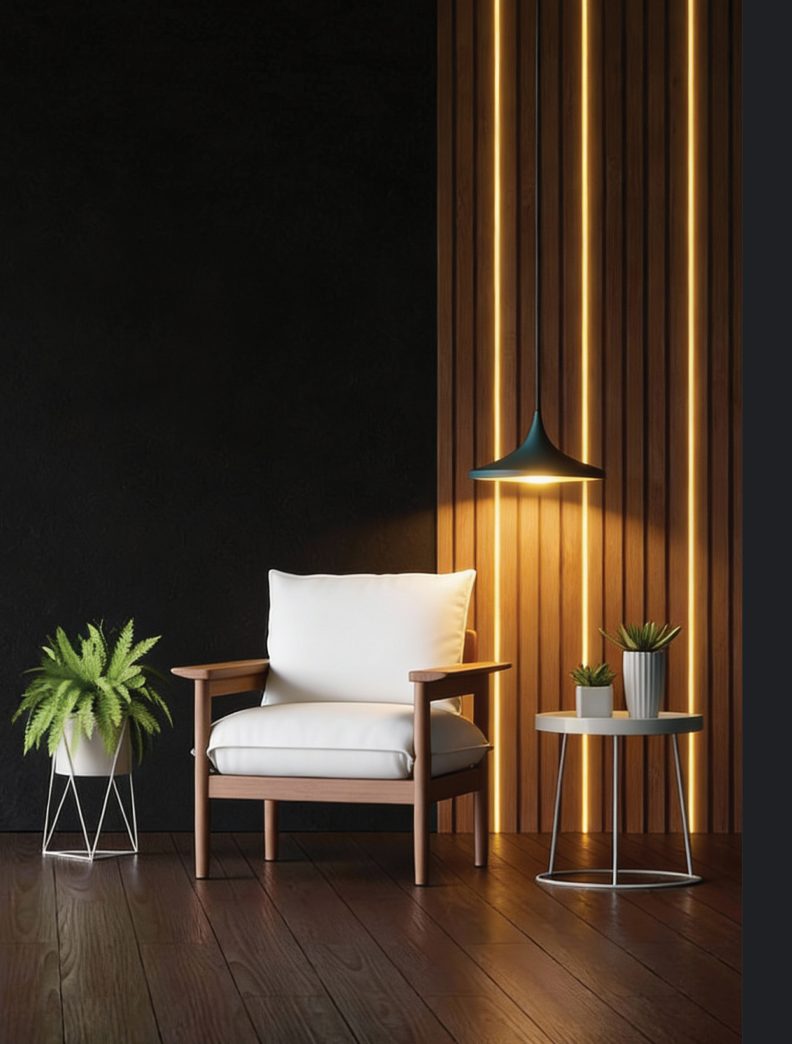 Armchair beside a backlit wooden slat wall on a dark timber floor